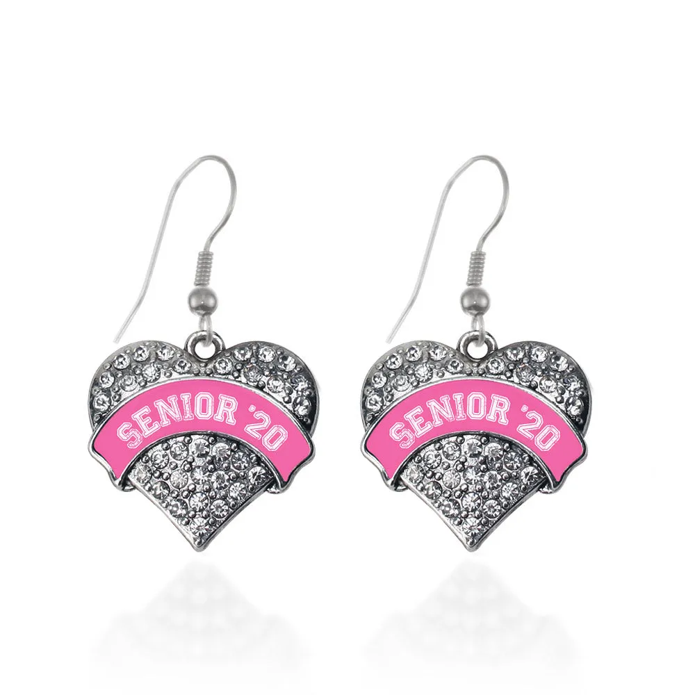 Silver Pink Senior 2020 Pave Heart Charm Dangle Earrings
