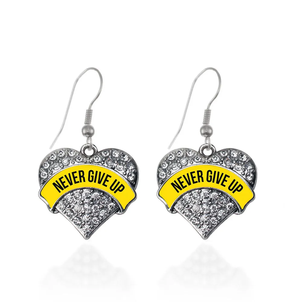 Silver Yellow Banner Never Give up Pave Heart Charm Dangle Earrings
