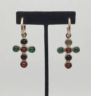 Vintage Handmade Sterling Silver Colored Glass Cabochon Cross Earrings