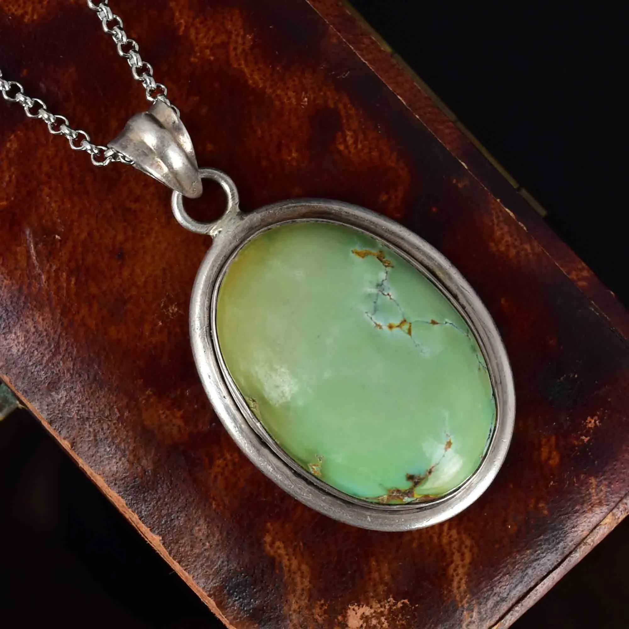 Vintage Large Sterling Silver Turquoise Cabochon Pendant Necklace