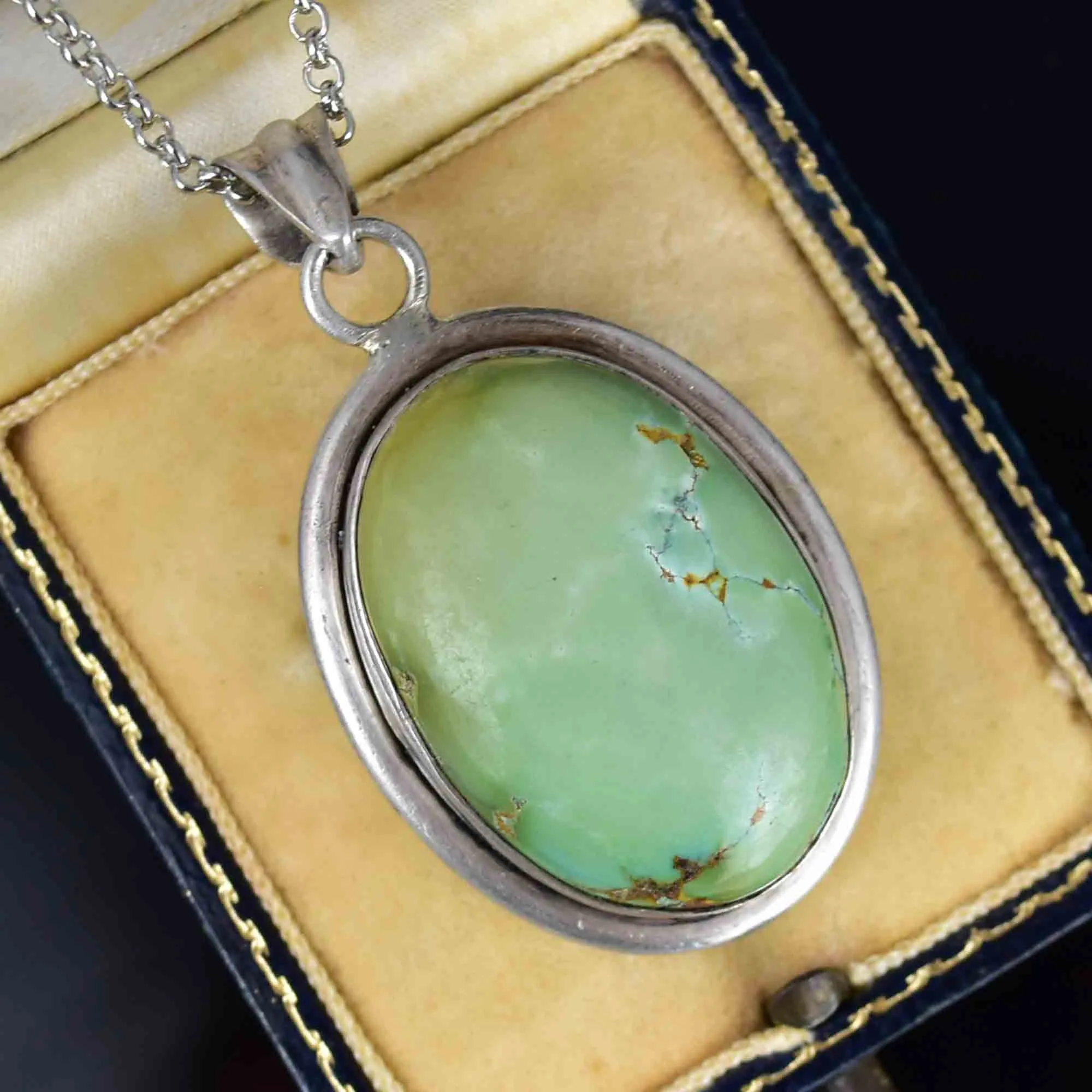 Vintage Large Sterling Silver Turquoise Cabochon Pendant Necklace