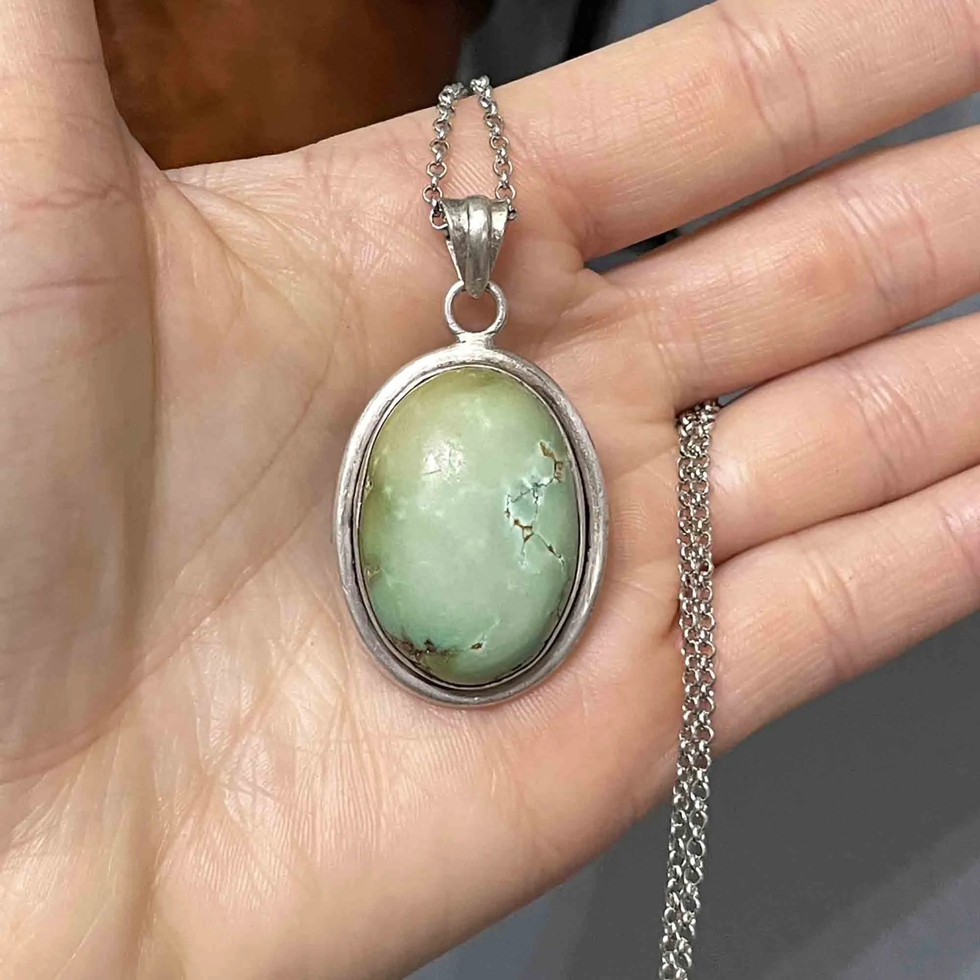 Vintage Large Sterling Silver Turquoise Cabochon Pendant Necklace