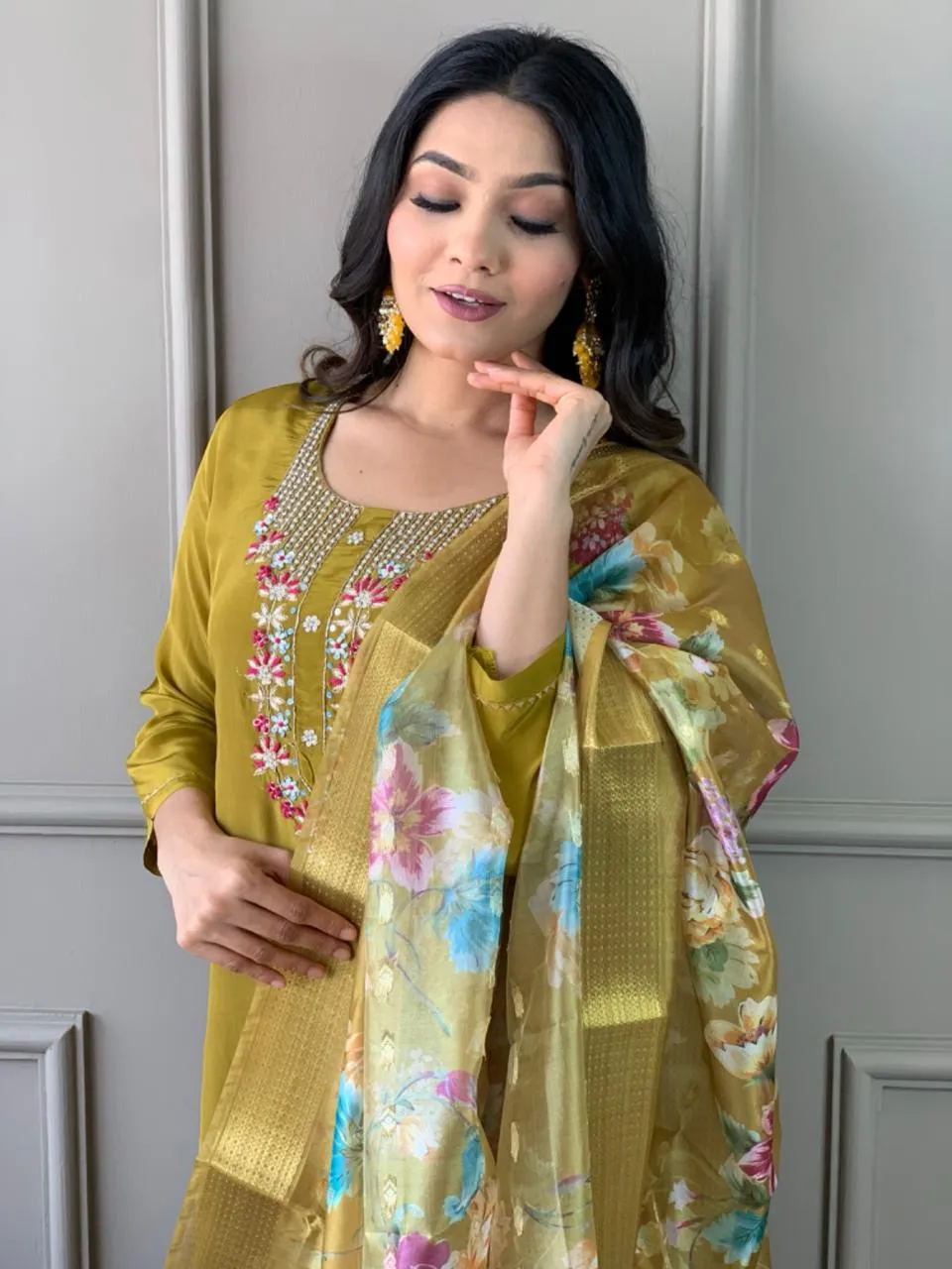 Yellow Viscose Chanderi Kurti Set with Jacquard Butti Dupatta