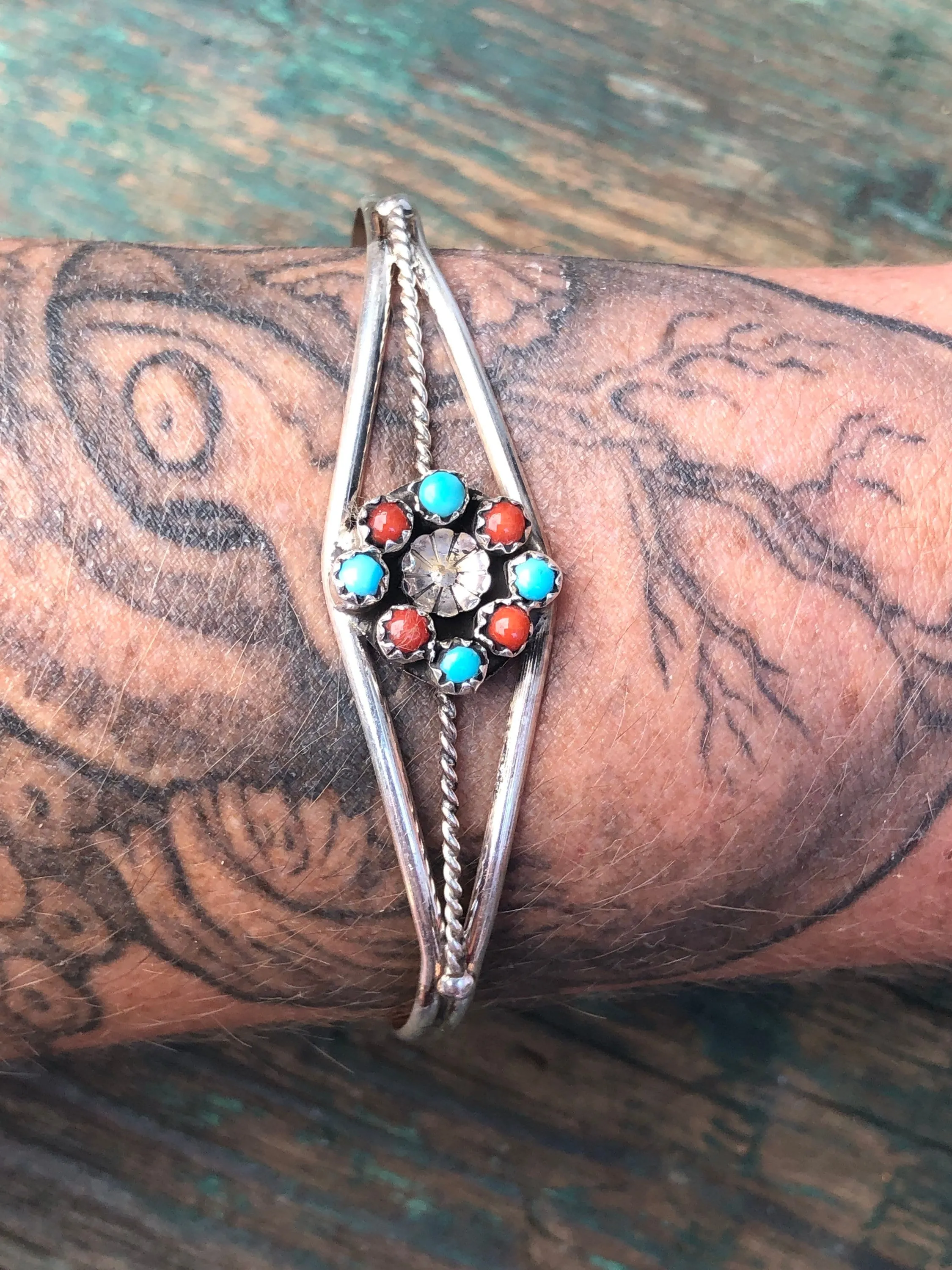Zuni Native American Petit Point Sterling Silver Turquoise & Red Coral Flower Cuff Bracelet