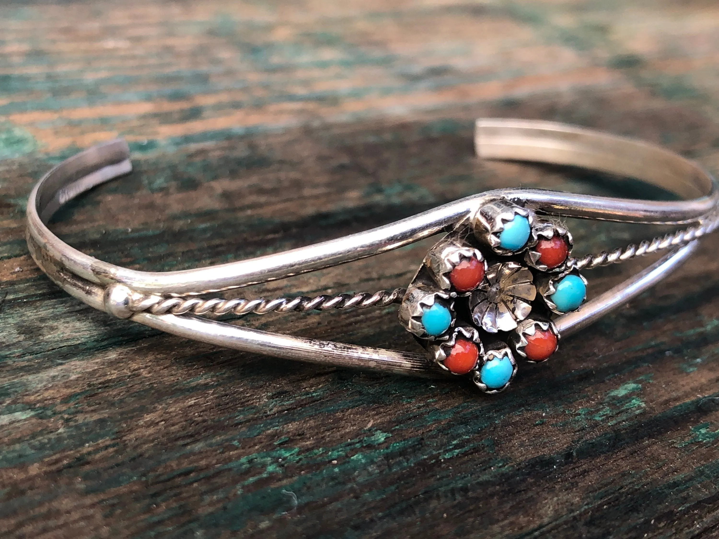 Zuni Native American Petit Point Sterling Silver Turquoise & Red Coral Flower Cuff Bracelet