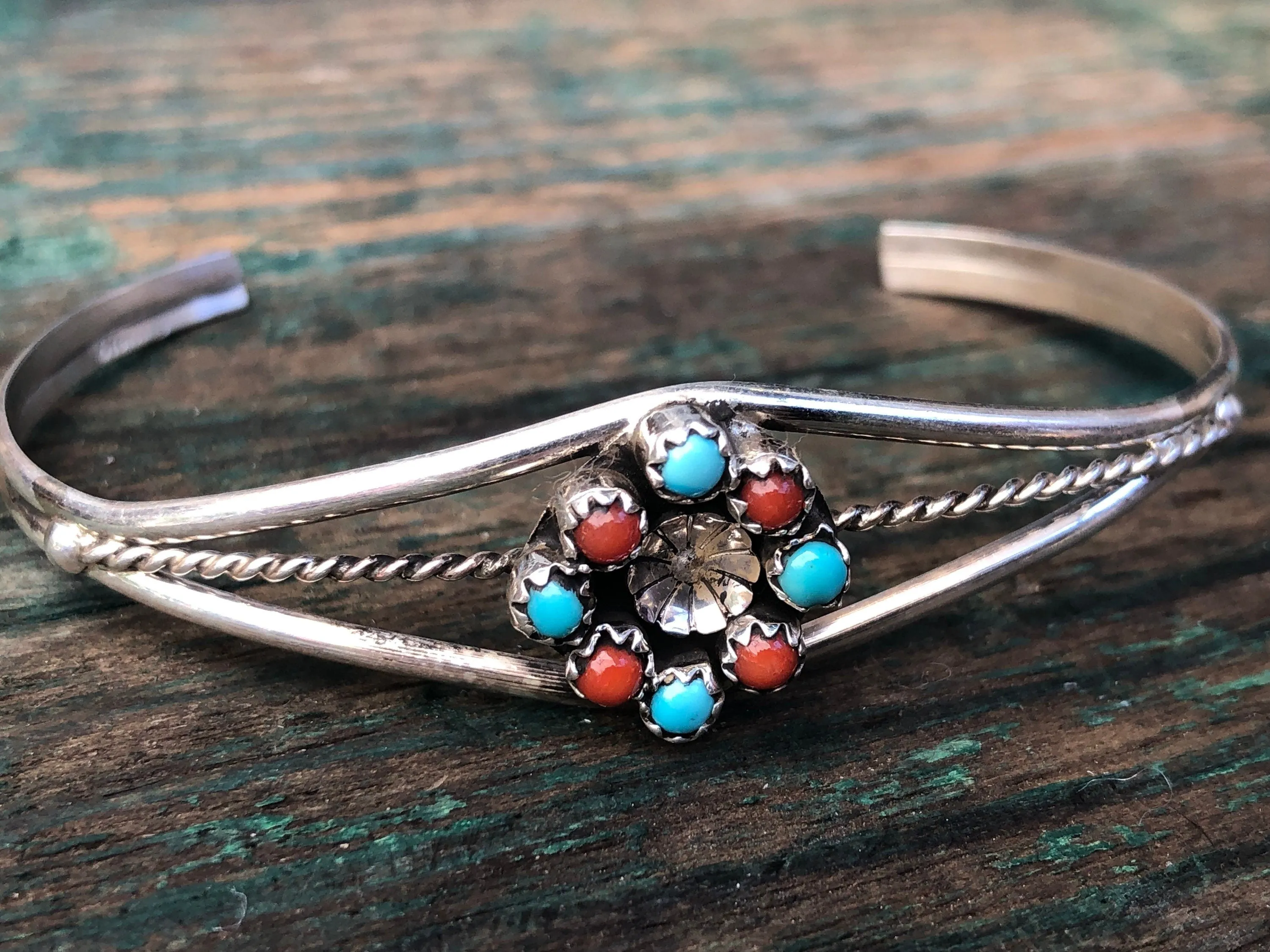 Zuni Native American Petit Point Sterling Silver Turquoise & Red Coral Flower Cuff Bracelet